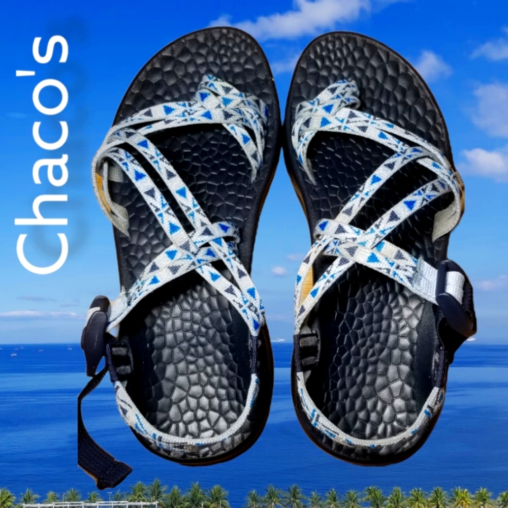 Chaco Geometric Blue and White Sandals